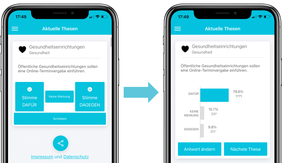 Ausschnitte der benutzerfreundlichen Menüführung in der democy Bürgerbeteiligungs-App